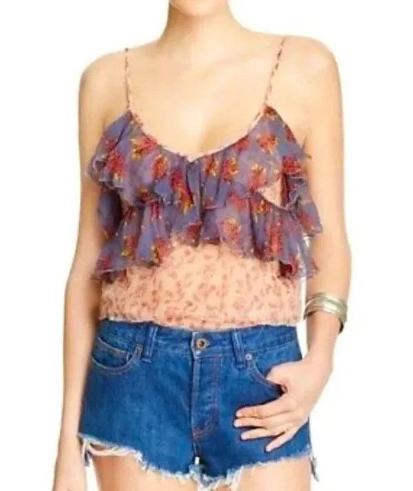 Free People ‘All Things Sheer’ Floral Camisole Tiered Tank Sheer Top Purple M - Image 3