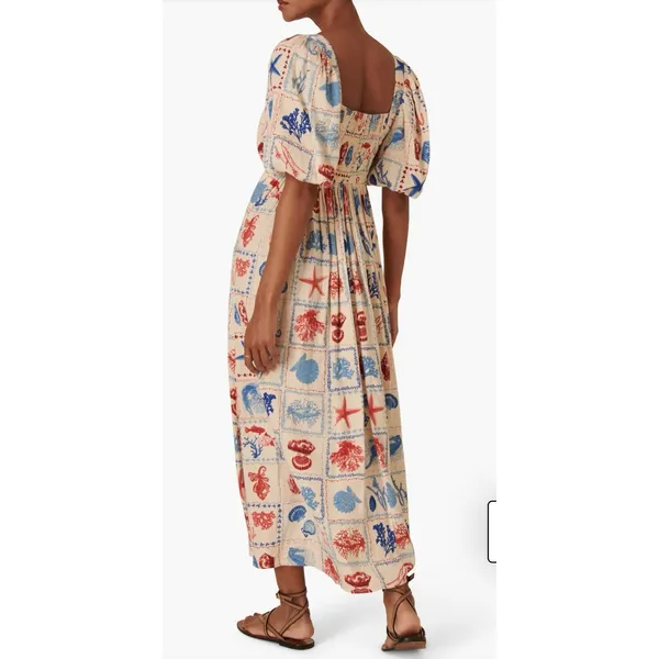 Nobody's Child Nova Print Puff Sleeve Maxi Dress Nautical Linen‎ Beach Shells - Image 2
