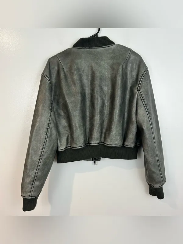 Zara Grey Zip Up Faux Leather Vegan Bomber Jacket Size Medium - Image 10