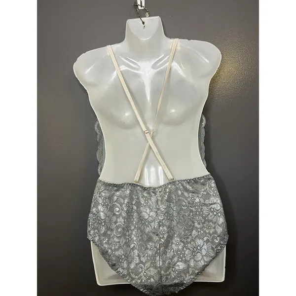 HAH Lace Bodysuit Womens Large Silver Plunge Teddy Sheer Floral Strappy Lingerie - Image 5