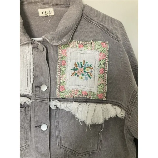 POL Womens Jacket Patchwork Denim Boho Chic M Floral Frayed Trim Gray - Image 3