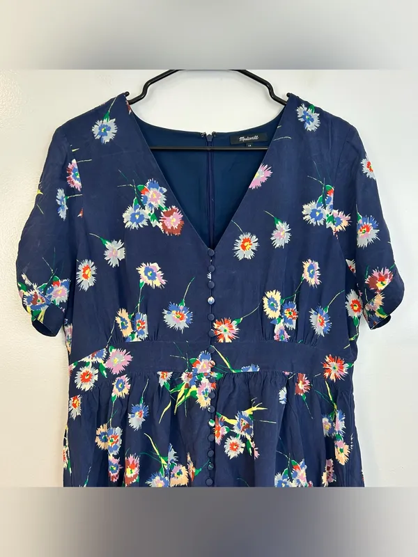 Madewell Blue 100% Silk Button-Front Short Tie-Sleeve Floral Mini Dress Size 14 - Image 4