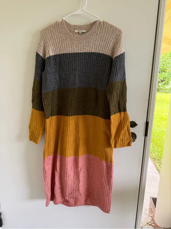 Madewell wool blend colorblock midi sweater dress fall cozy knit ribbed - Image 2