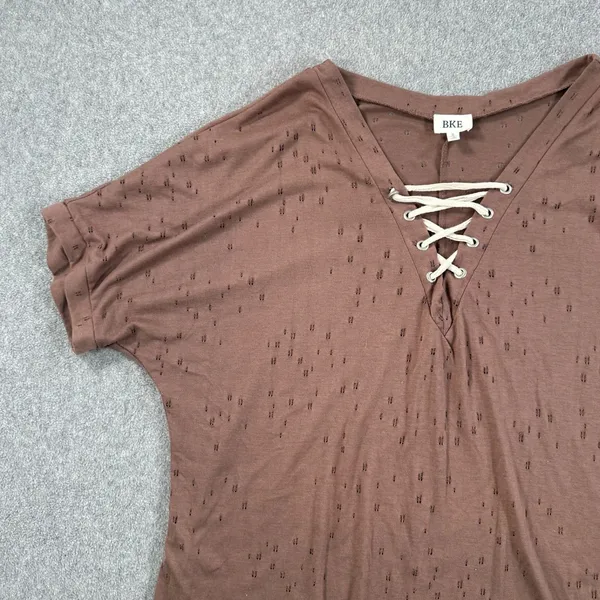 Buckle Tattered Lace Up Tee Shirt Women's Small Brown Short Sleeve Distressed - Image 6
