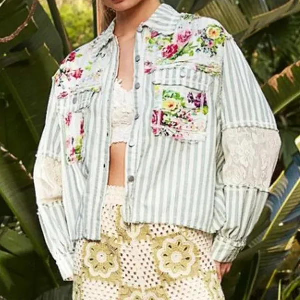 POL Striped Sage Multi Balloon Sleeve Printed Woven Mixed Print Shirt Shacket - Image 5