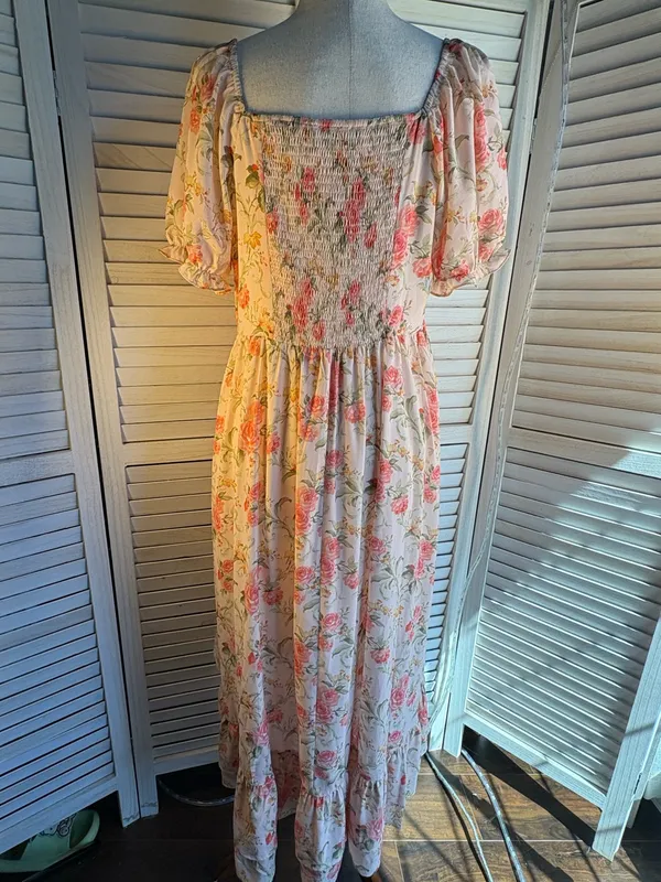 Romantic Ivory High-Low Floral Dress with Pink Roses side zip - Image 4
