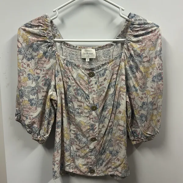 Bohme Floral Faux Button Front Smocked Back Balloon Half Sleeve Top Small - Image 5