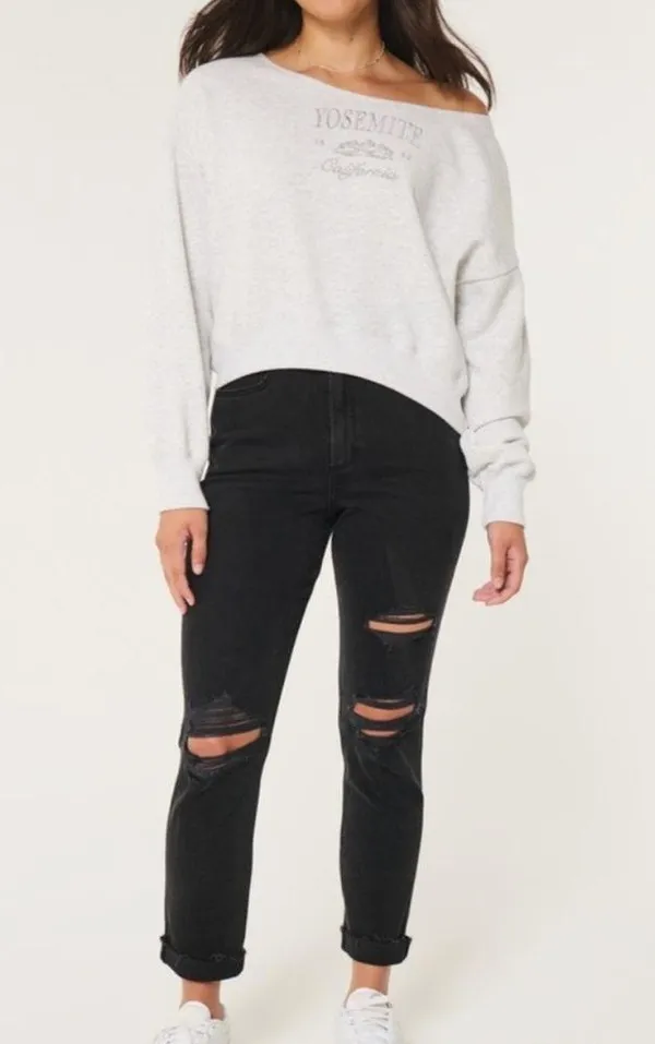HOLLISTER Curvy Ultra High Rise Black Distressed Mom Jeans - Image 2