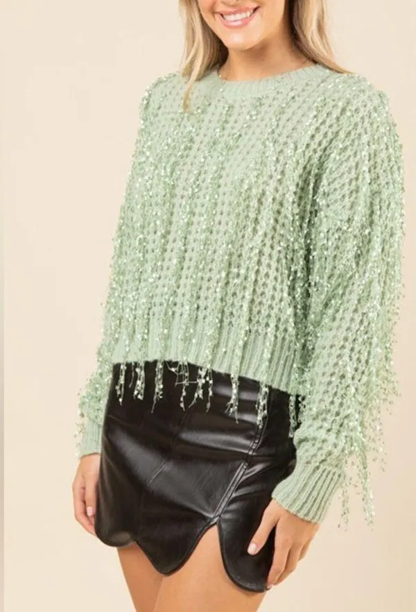 Fringe Detail Sweater in Sage - Image 2