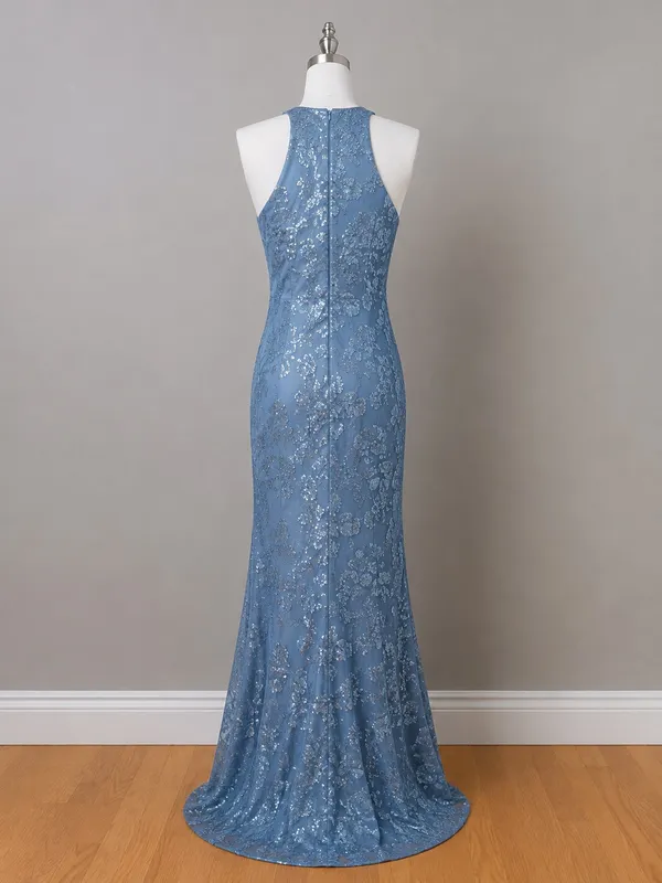 Boutique #3-8 Dusty Blue Sequin High Halter Neckline Sleeveless Column Gown. - Image 5