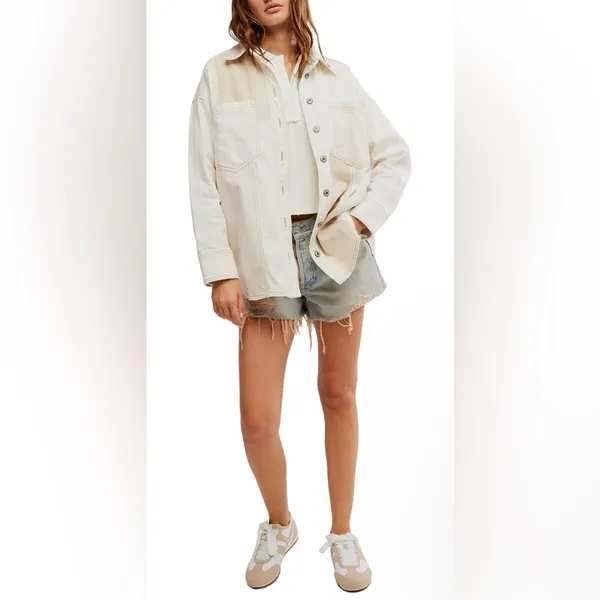 NEW FREE PEOPLE Ivory Mountain Roads Denim Button-Up ivory combo Shirt jacket L - Image 3