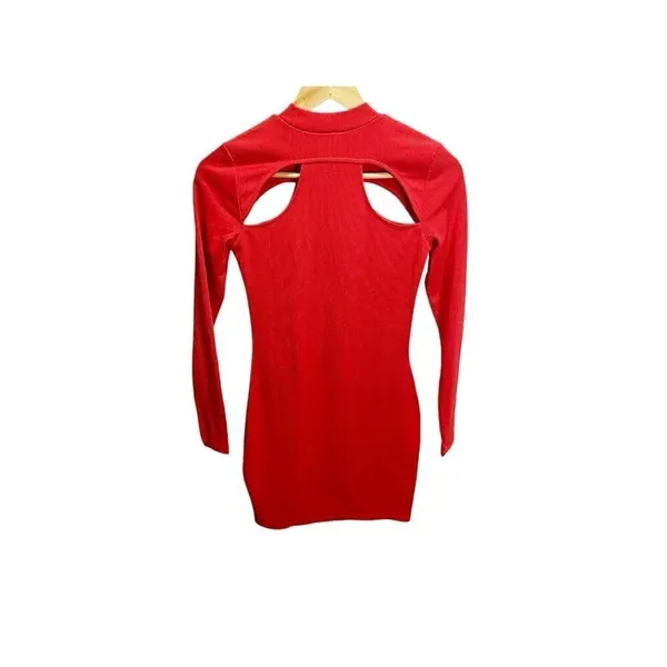 H&M‎ Caliente Red Bodycon Cutout Ribbed Mini Dress S Long Sleeved NEW - Image 2