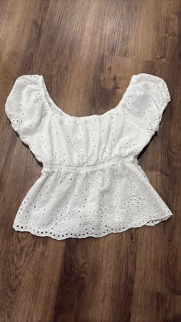 White Cotton Eyelet Peplum Top S - Image 2
