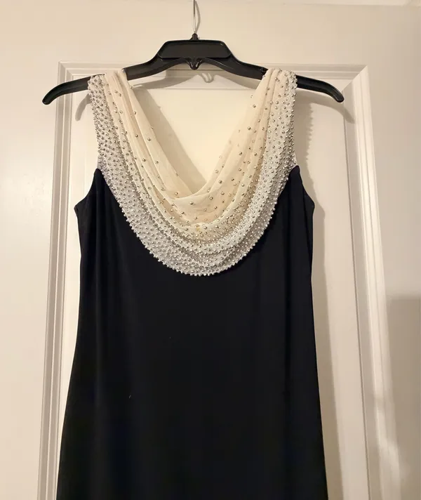 Cache Black Maxi Dress with Cream Beaded Draped Neckline - Image 3