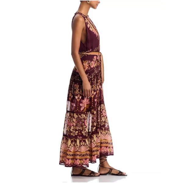 Farm Rio Maxi Dress Women Medium Burgundy Floral Tiered Beaded Tassel Boho - Image 3
