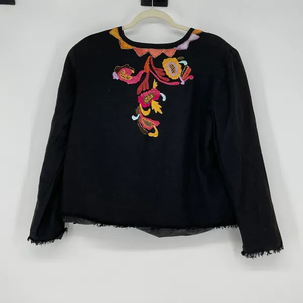 Boho Embroidered Jacket Black Open Front‎ Colorful Floral Fringe Women's Size L - Image 2