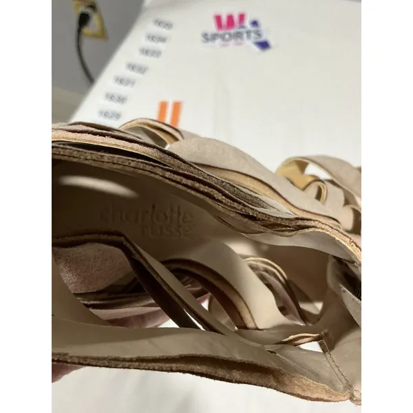Woman’s Charlotte Russe Gladiater Strappy Ankle Sandal Tan Faux Suede 7 - Image 6