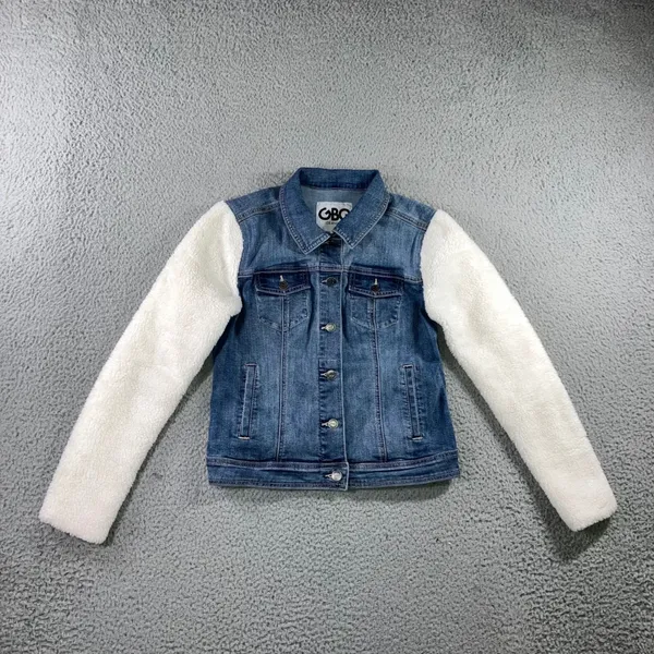 GBG Denim Jacket Sherpa Sleeve Womens S Trucker Blue Two Tone Cozy Cabin Fall - Image 2