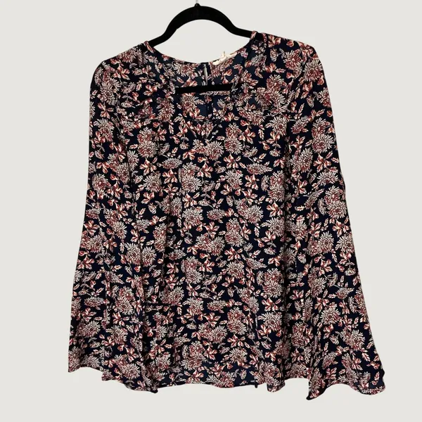 Entro Navy Floral Bell Sleeve Blouse T6247 Navy Rust Boho Keyhole Top Medium - Image 6