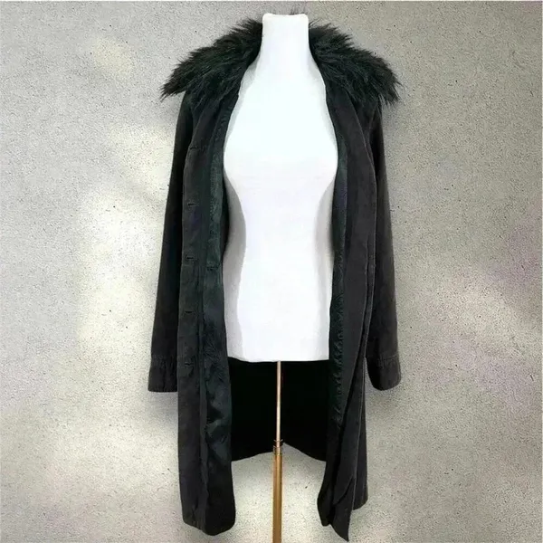 Vintage GUESS Faux Fur Mid Length Trench Coat RARE Jacket in Black Sz. Small - Image 5