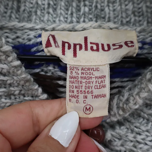 Vintage Applause Fair Isle Shawl Collar Sweater Grey Multi Geometric Knit Medium - Image 2