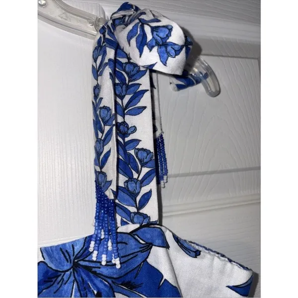 Calypso St Barth Linen Blend Smocked Back‎ Midi Dress Blue White Tropical Size S - Image 14