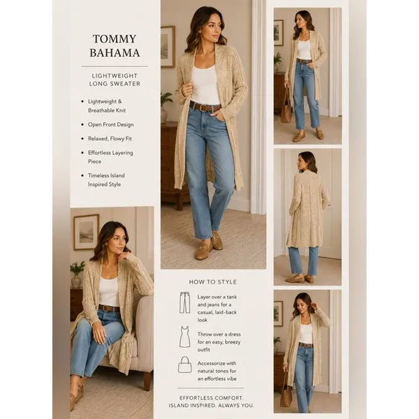 Tommy Bahama Sweater Womens Size XS Tan Long Open Front Knit Duster Cardigan - Image 10