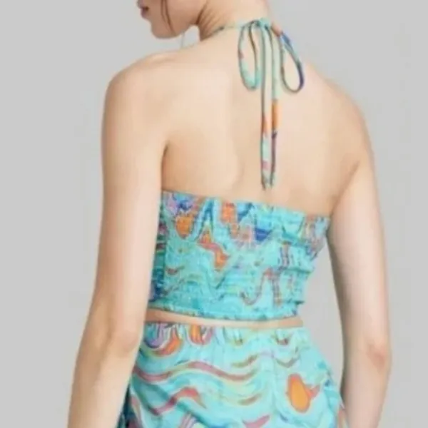 Wild Fable Women's Size XS Swirl Marble Halter Crop Top Aqua Blue Woven Smocked - Image 2