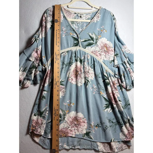Umgee Floral Babydoll Tunic Top Blue Pink Ruffle Bell Sleeve Boho L - Image 11