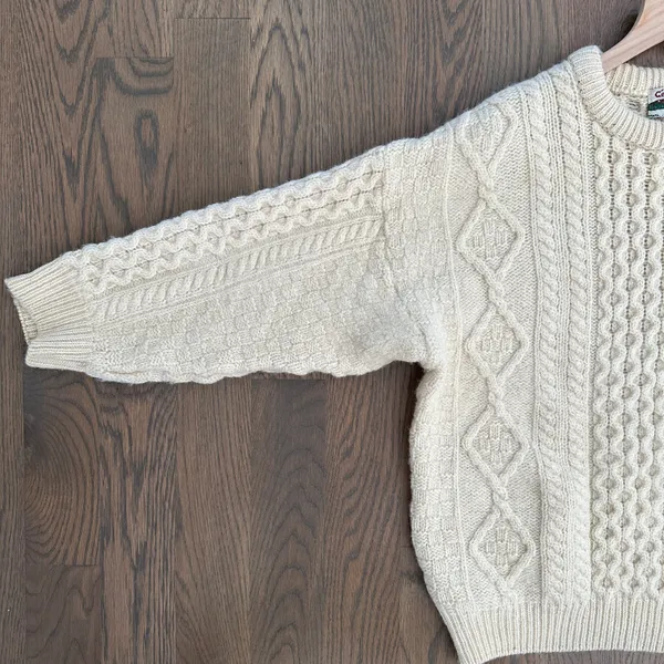 Anthropologie Vintage Celtic Country 100% Wool Irish Cable Knit Crew Neck Sweater Cream Large - Image 5