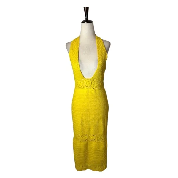 NBD Dress Women Medium Yellow Brandy Open Knit Crochet Halter Neck Midi Retro‎ - Image 3