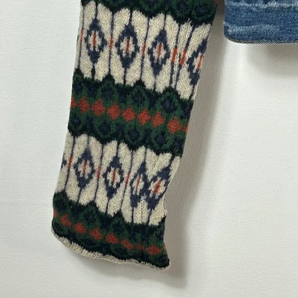 Free People Distressed Denim Jacket Fair Isle Wool Knit Sleeves Blue Small - Image 8