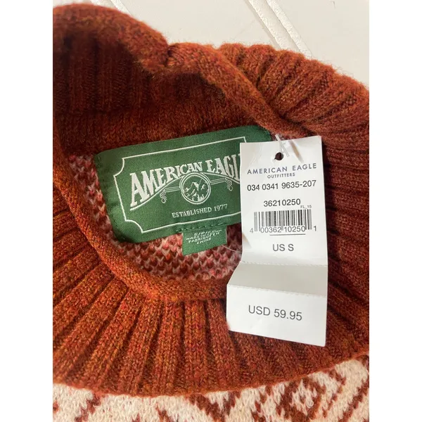 NWT American Eagle Fair Isle Mock Neck Pullover Sweater Brown Pink Womens Size S - Image 6