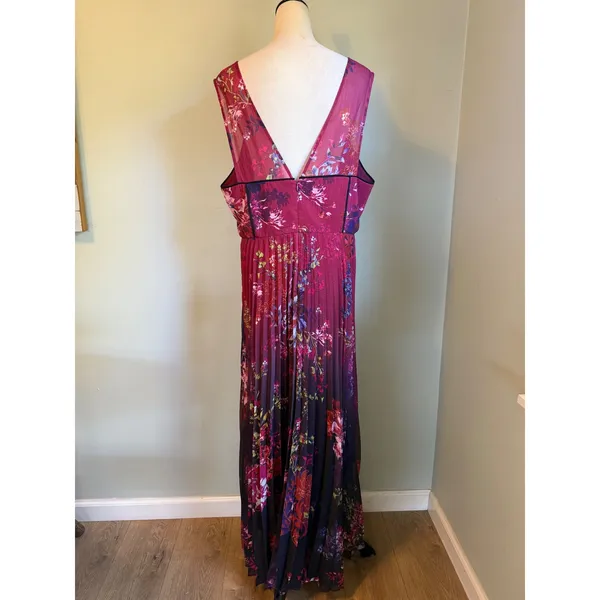 Karen Millen Floral Pleated Maxi Dress Burgundy Purple Corset 18 boho romantic - Image 6