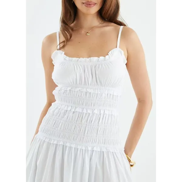 NWOT FARM RIO Cotton Sleeveless Rushed Bodice Midi Dress White Sundress Size S - Image 3