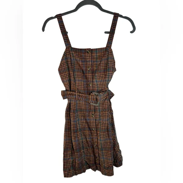 American Eagle Plaid Button Front‎ Mini Dress XS Belted Brown Fall Preppy - Image 2