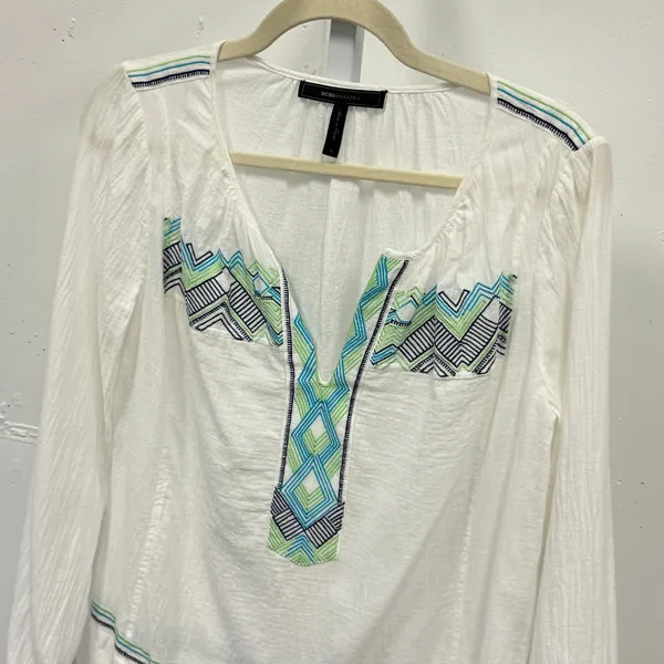 BCBGMAXAZRIA White Embroidered Gauze Peasant Blouse Boho Long Sleeve Top Small - Image 3