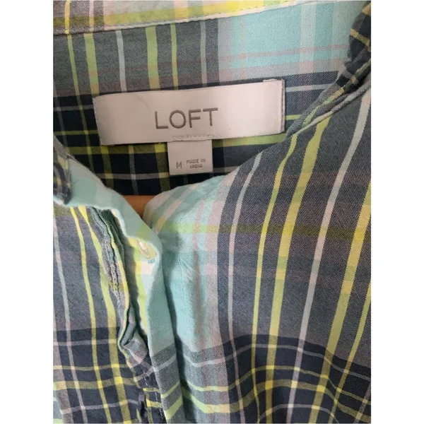 LOFT Plaid Preppy Button Front Ruffle Detail Shirt in Teal Navy Yellow Green M - Image 2