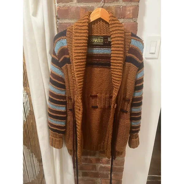 Vintage X-RATED Handknit Statement Cardigan Striped Sleeves Belted M - Image 10