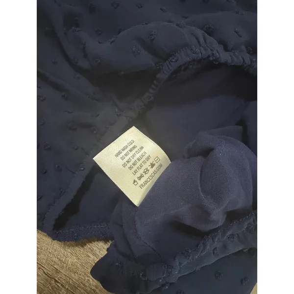Mi Ami Navy Blue Swiss‎ Dot Lace Trim Faux Wrap Long Sleeve Blouse Medium - Image 14