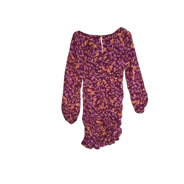 Lush Clothing NEW Mini Dress Womens Sz M Purple Floral Ruched Long Sleeve Holiday Dress - Image 2