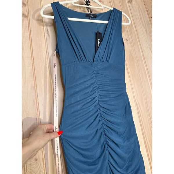 NWT Lulus Aveline Dark Slate Jersey Knit Ruched Bodycon Maxi Dress Bridesmaid S - Image 4
