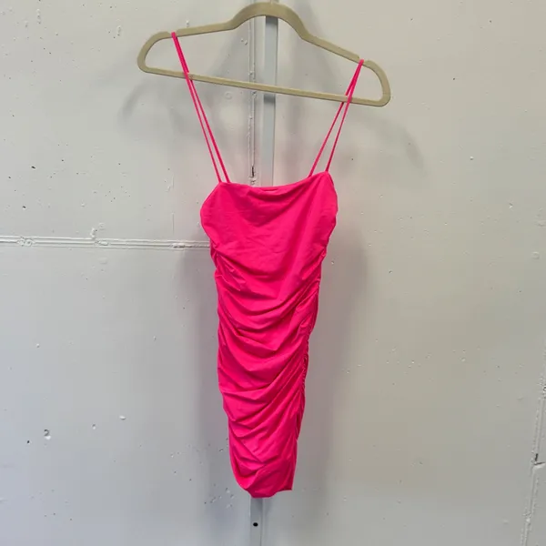 Oh Polly Neon Pink Ruched Bodycon Mini Dress Square Neck Spaghetti Strap US 4 - Image 2