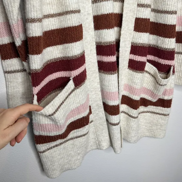 Retrology Open Cardigan M Long Colorful Gold Tan Pink Cozy Fall Knit Boho City - Image 2