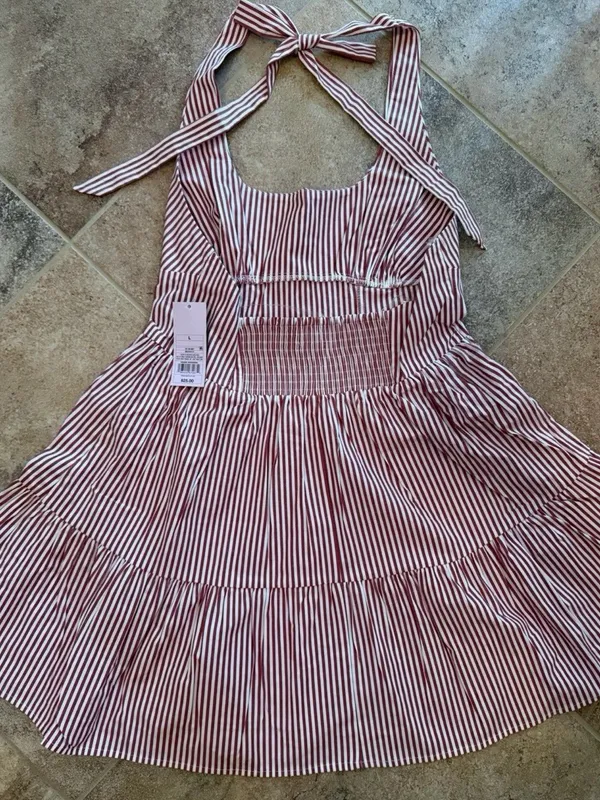 wild fable Red and White Striped Halter Tiered Mini Dress - Image 3