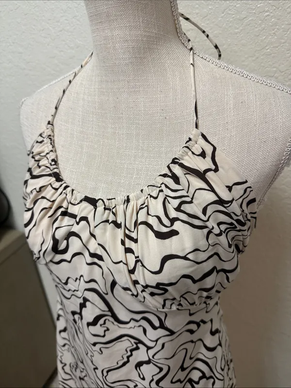 Abercrombie & Fitch Cream Halter Dress with Dark Brown Abstract Swirl - Small - Image 9