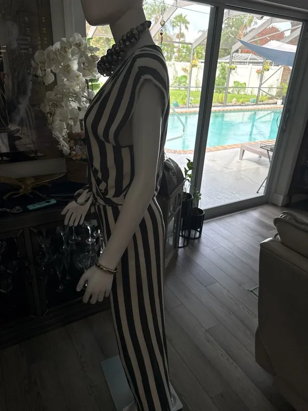 Caution to the Wind Black and White Striped Knit Surplice Jumpsuit - Image 5