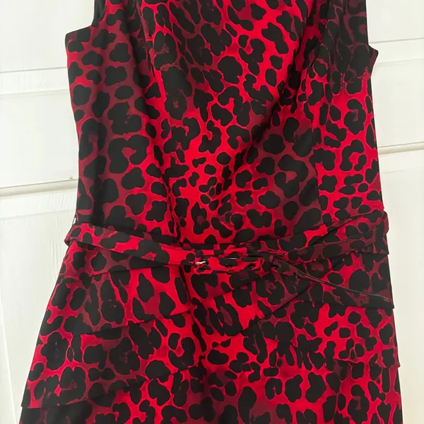 Cache‎ Vintage Red Black Leopard Print Midi Dress Belted Sheath Mob Wife Size 12 - Image 4