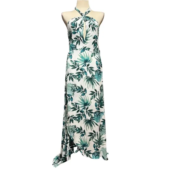 Lulus Marisha White Green Leaf Print Halter Wrap Dress Large - Image 2