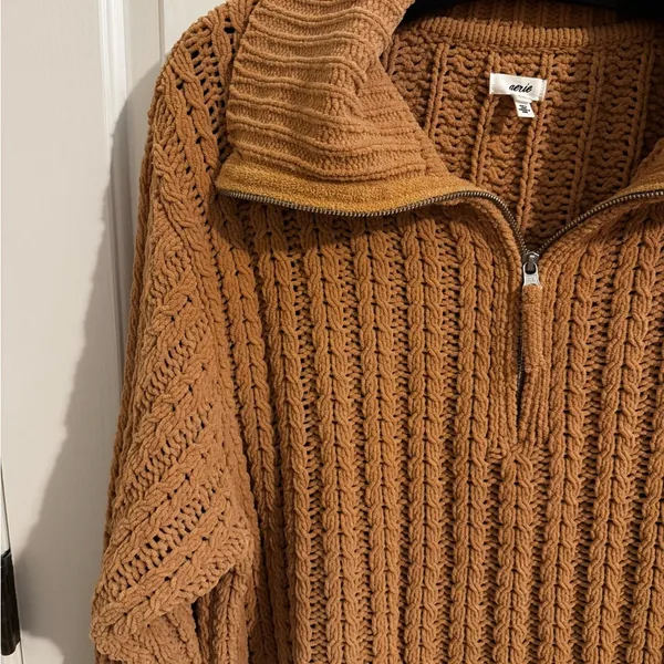 Aerie Cable Oversized Knit Stretch Sweater Quarter 1/4 Zip Soft Tan L - Image 3